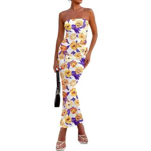 imagePRETTYGARDEN Womens 2025 Summer Floral Bodycon Maxi Dresses Ribbed Strapless Tube Casual Boho Party Long DressFloral White Yellow