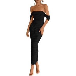 imagePRETTYGARDEN Womens 2025 Summer Off The Shoulder Dress Ruched Bodycon Sleeveless Split Cocktail Party Maxi DressesBlack