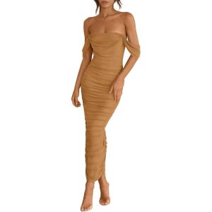 imagePRETTYGARDEN Womens 2025 Summer Off The Shoulder Dress Ruched Bodycon Sleeveless Split Cocktail Party Maxi DressesBrown