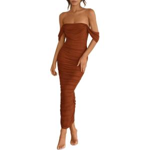 imagePRETTYGARDEN Womens 2025 Summer Off The Shoulder Dress Ruched Bodycon Sleeveless Split Cocktail Party Maxi DressesCaramel