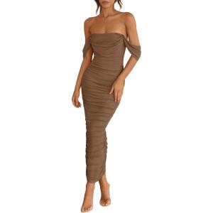imagePRETTYGARDEN Womens 2025 Summer Off The Shoulder Dress Ruched Bodycon Sleeveless Split Cocktail Party Maxi DressesCoffee