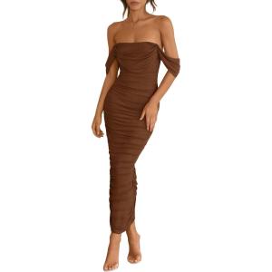 imagePRETTYGARDEN Womens 2025 Summer Off The Shoulder Dress Ruched Bodycon Sleeveless Split Cocktail Party Maxi DressesDark Brown
