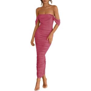 imagePRETTYGARDEN Womens 2025 Summer Off The Shoulder Dress Ruched Bodycon Sleeveless Split Cocktail Party Maxi DressesDark Pink