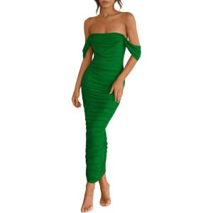 imagePRETTYGARDEN Womens 2025 Summer Off The Shoulder Dress Ruched Bodycon Sleeveless Split Cocktail Party Maxi DressesGreen