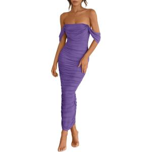 imagePRETTYGARDEN Womens 2025 Summer Off The Shoulder Dress Ruched Bodycon Sleeveless Split Cocktail Party Maxi DressesGrey Purple