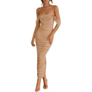 imagePRETTYGARDEN Womens 2025 Summer Off The Shoulder Dress Ruched Bodycon Sleeveless Split Cocktail Party Maxi DressesKhaki