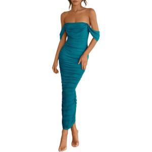 imagePRETTYGARDEN Womens 2025 Summer Off The Shoulder Dress Ruched Bodycon Sleeveless Split Cocktail Party Maxi DressesLake Blue