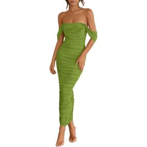imagePRETTYGARDEN Womens 2025 Summer Off The Shoulder Dress Ruched Bodycon Sleeveless Split Cocktail Party Maxi DressesOlive Green