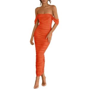 imagePRETTYGARDEN Womens 2025 Summer Off The Shoulder Dress Ruched Bodycon Sleeveless Split Cocktail Party Maxi DressesOrange