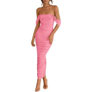 imagePRETTYGARDEN Womens 2025 Summer Off The Shoulder Dress Ruched Bodycon Sleeveless Split Cocktail Party Maxi DressesPink