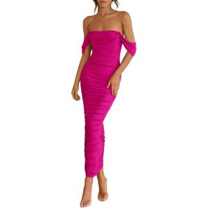 imagePRETTYGARDEN Womens 2025 Summer Off The Shoulder Dress Ruched Bodycon Sleeveless Split Cocktail Party Maxi DressesRose Red