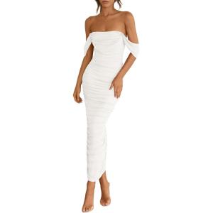 imagePRETTYGARDEN Womens 2025 Summer Off The Shoulder Dress Ruched Bodycon Sleeveless Split Cocktail Party Maxi DressesWhite
