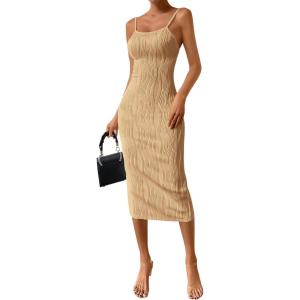 imagePRETTYGARDEN Womens 2025 Summer Sleeveless Bodycon Dress Textured Back Slit Sexy Cocktail Party Midi DressesLight Khaki