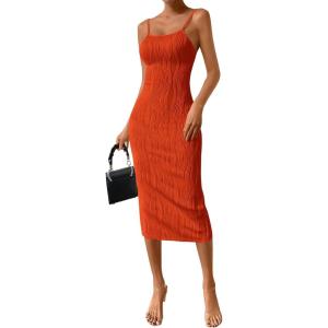 imagePRETTYGARDEN Womens 2025 Summer Sleeveless Bodycon Dress Textured Back Slit Sexy Cocktail Party Midi DressesOrange