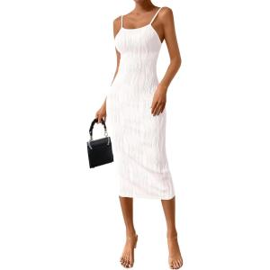 imagePRETTYGARDEN Womens 2025 Summer Sleeveless Bodycon Dress Textured Back Slit Sexy Cocktail Party Midi DressesWhite