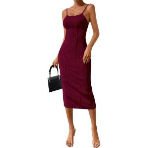 imagePRETTYGARDEN Womens 2025 Summer Sleeveless Bodycon Dress Textured Back Slit Sexy Cocktail Party Midi DressesWine Red