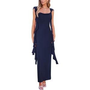 imagePRETTYGARDEN Womens 2025 Summer Wedding Guest Dress Sleeveless Ruffle Formal Cocktail Party Maxi Bodycon DressesNavy