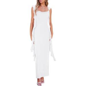imagePRETTYGARDEN Womens 2025 Summer Wedding Guest Dress Sleeveless Ruffle Formal Cocktail Party Maxi Bodycon DressesWhite
