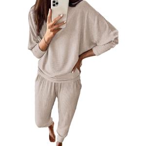 imagePRETTYGARDEN Womens Fall 2 Piece Lounge Set Long Sleeve Tops Ribbed Pants Spring Matching Sweatsuit Travel Outfits ClothesApricot