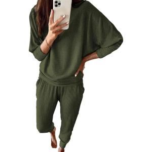 imagePRETTYGARDEN Womens Fall 2 Piece Lounge Set Long Sleeve Tops Ribbed Pants Spring Matching Sweatsuit Travel Outfits ClothesArmy Green