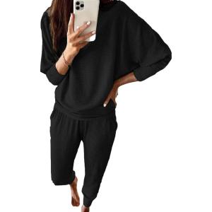 imagePRETTYGARDEN Womens Fall 2 Piece Lounge Set Long Sleeve Tops Ribbed Pants Spring Matching Sweatsuit Travel Outfits ClothesBlack