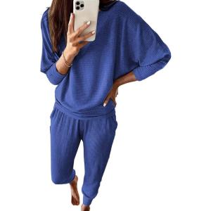 imagePRETTYGARDEN Womens Fall 2 Piece Lounge Set Long Sleeve Tops Ribbed Pants Spring Matching Sweatsuit Travel Outfits ClothesBlue