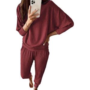 imagePRETTYGARDEN Womens Fall 2 Piece Lounge Set Long Sleeve Tops Ribbed Pants Spring Matching Sweatsuit Travel Outfits ClothesBrown Red