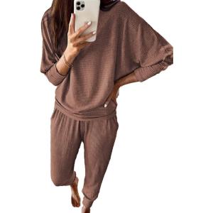 imagePRETTYGARDEN Womens Fall 2 Piece Lounge Set Long Sleeve Tops Ribbed Pants Spring Matching Sweatsuit Travel Outfits ClothesCoffee