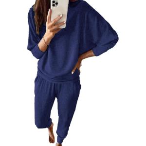imagePRETTYGARDEN Womens Fall 2 Piece Lounge Set Long Sleeve Tops Ribbed Pants Spring Matching Sweatsuit Travel Outfits ClothesDark Blue