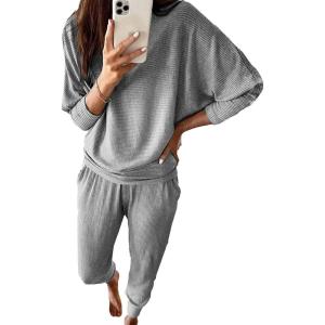 imagePRETTYGARDEN Womens Fall 2 Piece Lounge Set Long Sleeve Tops Ribbed Pants Spring Matching Sweatsuit Travel Outfits ClothesGrey