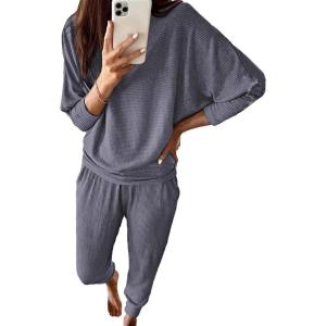 imagePRETTYGARDEN Womens Fall 2 Piece Lounge Set Long Sleeve Tops Ribbed Pants Spring Matching Sweatsuit Travel Outfits ClothesGrey Blue