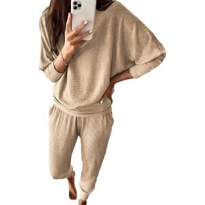 imagePRETTYGARDEN Womens Fall 2 Piece Lounge Set Long Sleeve Tops Ribbed Pants Spring Matching Sweatsuit Travel Outfits ClothesKhaki