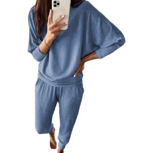 imagePRETTYGARDEN Womens Fall 2 Piece Lounge Set Long Sleeve Tops Ribbed Pants Spring Matching Sweatsuit Travel Outfits ClothesLight Blue