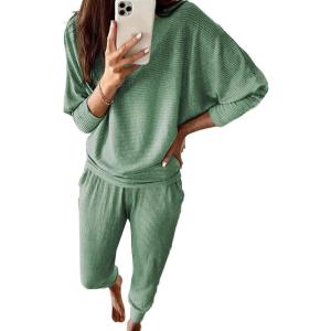 imagePRETTYGARDEN Womens Fall 2 Piece Lounge Set Long Sleeve Tops Ribbed Pants Spring Matching Sweatsuit Travel Outfits ClothesLight Green