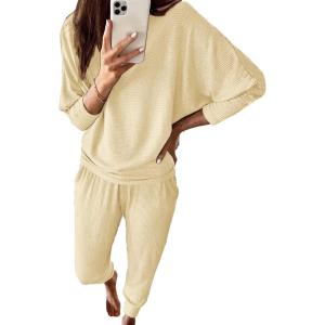 imagePRETTYGARDEN Womens Fall 2 Piece Lounge Set Long Sleeve Tops Ribbed Pants Spring Matching Sweatsuit Travel Outfits ClothesLight Khaki