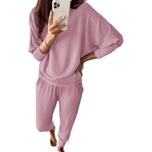imagePRETTYGARDEN Womens Fall 2 Piece Lounge Set Long Sleeve Tops Ribbed Pants Spring Matching Sweatsuit Travel Outfits ClothesPink