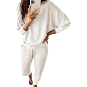 imagePRETTYGARDEN Womens Fall 2 Piece Lounge Set Long Sleeve Tops Ribbed Pants Spring Matching Sweatsuit Travel Outfits ClothesWhite