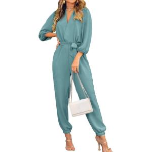 imagePRETTYGARDEN Womens Fall Jumpsuits Dressy Casual Pants Romper Spring Long Sleeve V Neck Belt Pockets One Piece OutfitsBlue Green
