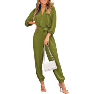 imagePRETTYGARDEN Womens Fall Jumpsuits Dressy Casual Pants Romper Spring Long Sleeve V Neck Belt Pockets One Piece OutfitsOlive Green
