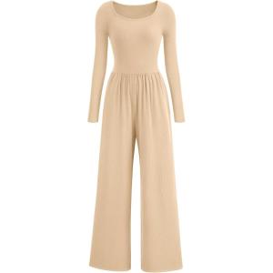 imagePRETTYGARDEN Womens Jumpsuits Dressy Casual Fall Fashion 2025 Trendy Long Sleeve Wide Leg Rompers Spring Work Office OutfitsBeige