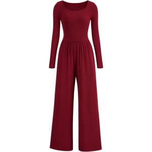 imagePRETTYGARDEN Womens Jumpsuits Dressy Casual Fall Fashion 2025 Trendy Long Sleeve Wide Leg Rompers Spring Work Office OutfitsWine Red