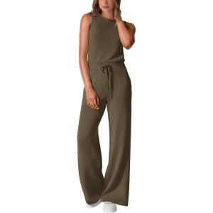 imagePRETTYGARDEN Womens Jumpsuits Summer Casual One Piece Outfits Sleeveless Wide Leg Long Pants RompersArmy Green