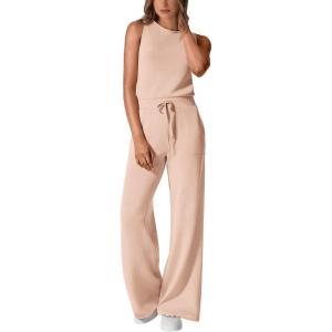 imagePRETTYGARDEN Womens Jumpsuits Summer Casual One Piece Outfits Sleeveless Wide Leg Long Pants RompersBeige