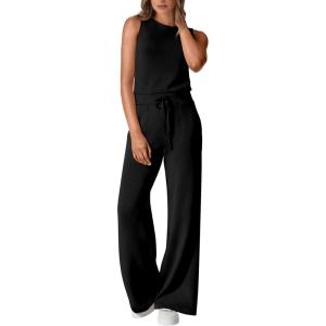 imagePRETTYGARDEN Womens Jumpsuits Summer Casual One Piece Outfits Sleeveless Wide Leg Long Pants RompersBlack