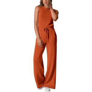 imagePRETTYGARDEN Womens Jumpsuits Summer Casual One Piece Outfits Sleeveless Wide Leg Long Pants RompersBrick Red