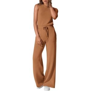 imagePRETTYGARDEN Womens Jumpsuits Summer Casual One Piece Outfits Sleeveless Wide Leg Long Pants RompersCamel