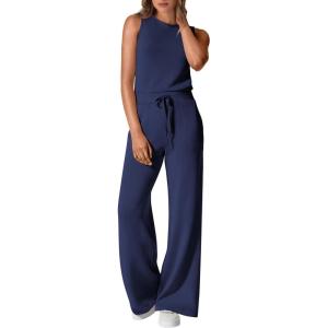 imagePRETTYGARDEN Womens Jumpsuits Summer Casual One Piece Outfits Sleeveless Wide Leg Long Pants RompersDark Blue