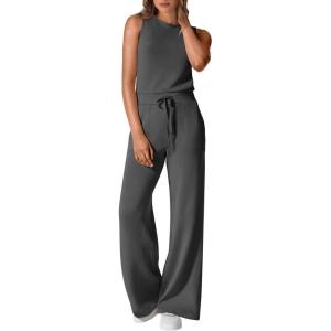 imagePRETTYGARDEN Womens Jumpsuits Summer Casual One Piece Outfits Sleeveless Wide Leg Long Pants RompersDark Grey