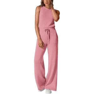 imagePRETTYGARDEN Womens Jumpsuits Summer Casual One Piece Outfits Sleeveless Wide Leg Long Pants RompersDusty Pink