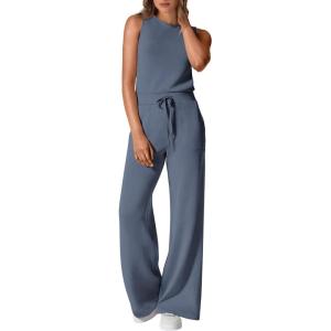 imagePRETTYGARDEN Womens Jumpsuits Summer Casual One Piece Outfits Sleeveless Wide Leg Long Pants RompersGrey Blue